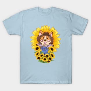 Corgi Scarecrow in the Sunflower Field T-Shirt